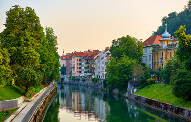 The old houses on the river bank early morning. Ljubljana, Slovenia