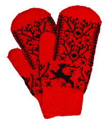 Woolen mittens on white background