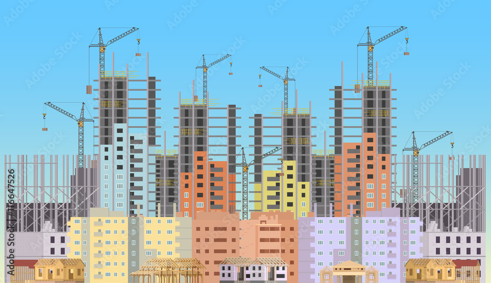 Poster building city under construction website with tower cranes. constructions infographics template desi