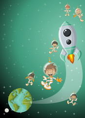 Astronaut cartoon children flying in the space with a futuristic rocket shuttle. Spaceship around the earth planet and moon.

