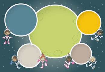 Astronaut cartoon children flying around colorful planets in the space background.

