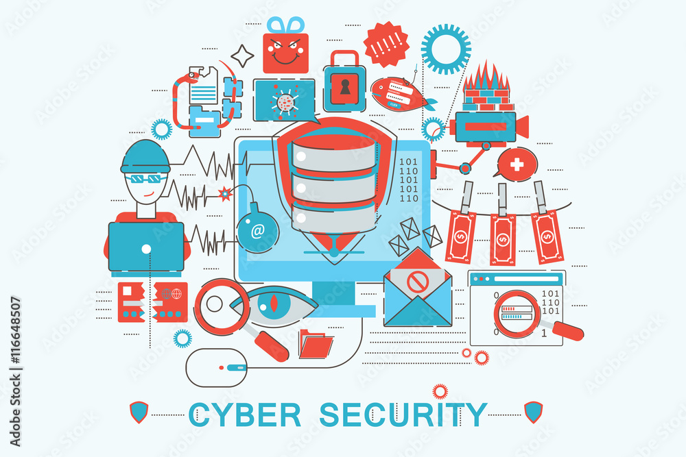 Poster modern graphic flat line design style infographics concept of cyber security with icons, for website