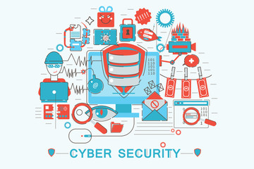 Modern graphic flat line design style infographics concept of Cyber security with icons, for website, presentation and poster.