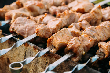 Grilled Barbecue Meat Shashlik Shish Kebab Pork Meat Grilling On