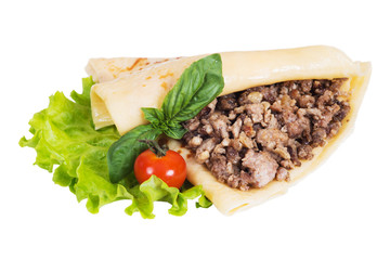 Pancakes with meat on a white background