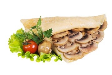 Pancakes with mushrooms on a white background