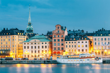 Scenic View Of Embankment In Old Part Of Stockholm At Summer Evening