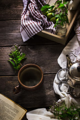 Cup of tea, teapot and book on dark wooden background