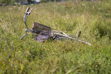 Tired bicycle lying in the grass at the roadside