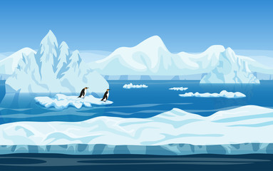 Cartoon nature winter arctic ice landscape with iceberg, snow mountains hills and penguins. Vector game style illustration. Seamless background for games.