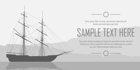 Sailing ship over huge mountains