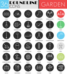 Vector Garden tools circle white black icon set. Modern line black icon design for web.