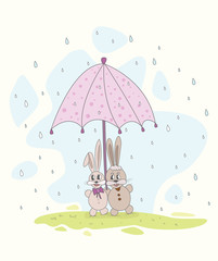 Funny rabbits with an umbrella in the rain. Vector illustration