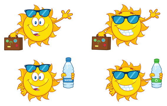 Sun Cartoon Mascot Character 25. Set Collection Isolated On White Background