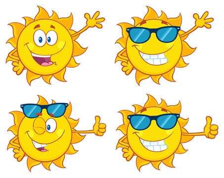 Sun Cartoon Mascot Character 28. Set Collection Isolated On White Background