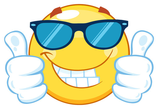 Smiling Yellow Emoticon Cartoon Mascot Character With Sunglasses Giving Two Thumbs Up