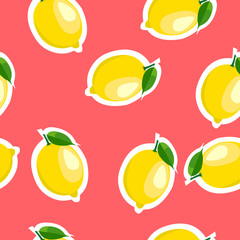 Pattern. lemon and leaves same sizes on red background.