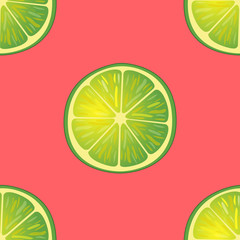 Vector illustration of big lime slices in same angles on red. Pattern.