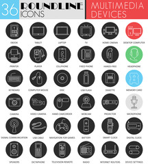 Vector Multimedia devices circle white black icon set. Modern line black icon design for web.