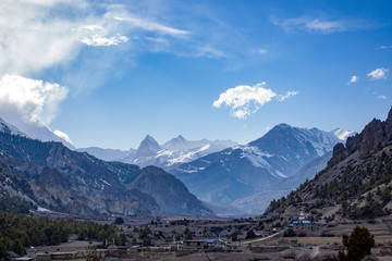 Snow mountain and rural region landscape with clear blue sky, Annapurna Conservation Area, Nepal