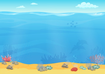 Fototapeta na wymiar Cartoon sea bottom background for game design. Underwater empty seamless landscape.