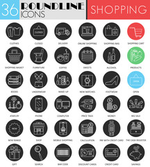 Vector Shopping circle white black icon set. Modern line black icon design for web.