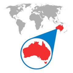 World map with zoom on Australia. Map in loupe. Vector illustration in flat style