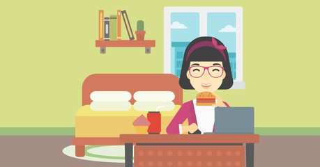 Woman eating hamburger vector illustration.