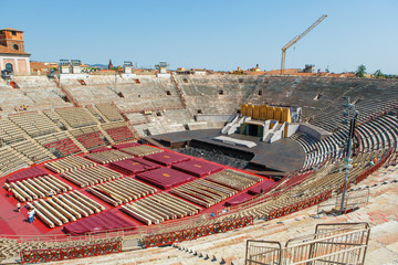 Arena di Verona. Panoramic view of roman amphitheater of Verona in Italy. Interior view.