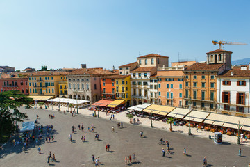 Panoramic view on Buildings on Piazza Bra in Verona - Italy. Piazza Bra, often shortened to Bra, is the largest piazza in Verona, Italy