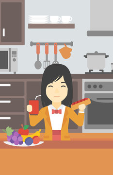 Woman eating fast food vector illustration.
