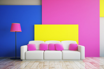 Pink, blue and yellow room