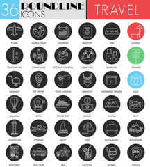 Vector Travel tourism circle white black icon set. Modern line black icon design for web.