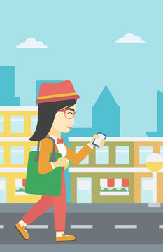 Woman walking with smartphone vector illustration.