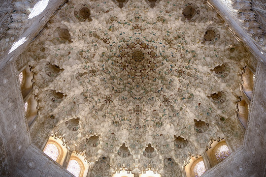 Honeycomb decorated ceiling at the Hall of the Abencerrages, Nasrid Palace in fortress complex Alhambra in Granada. Spain