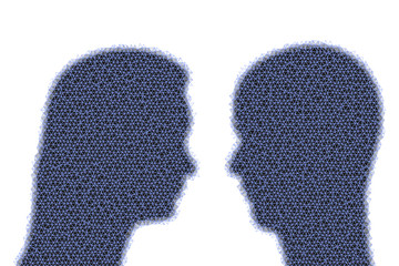 Two heads, silhouettes, woman and man, looking at each other, in