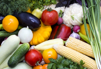 Background of fresh vegetables and greens closeup