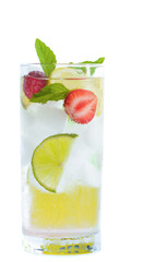 fresh cocktail drink with ice and fruits isolated on white