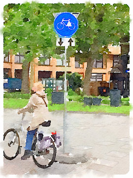Digital watercolour painting of a lady on a bicycle riding on a path with a Dutch road sign.