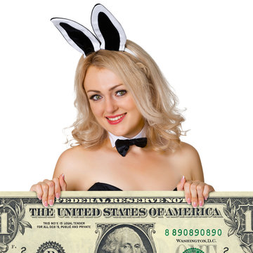Beautiful young girl - rabbit with dollar