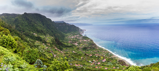 Amazing landscape with a small village Arco de Sao Jorge on the north side of Madeira from Cabanas...