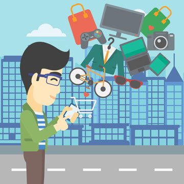Man making purchases online vector illustration.