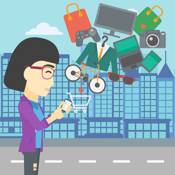 Woman making purchases online vector illustration.