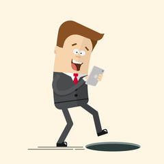 Phone relationship. Smartphone addiction. Play mobile games. Manager or a businessman with  telephone in danger. Open manhole. The man was trapped. Unpleasant unexpected surprise.
