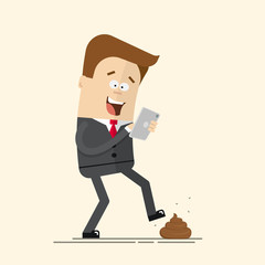 Phone relationship. Smartphone addiction. Play mobile games. Manager or a businessman with  telephone in danger. Feces on the road. Unpleasant unexpected surprise.