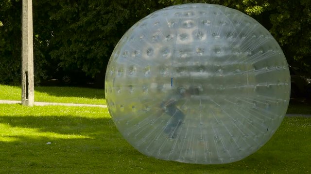 Kids playing the zorb ball on the grass pushing the zorb ball turn around and around