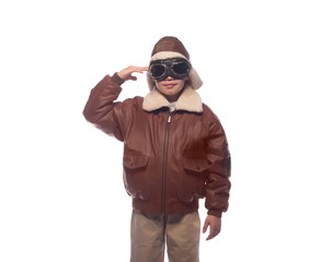 the boy is an aviator in the jacket of the pilot and in old glasses