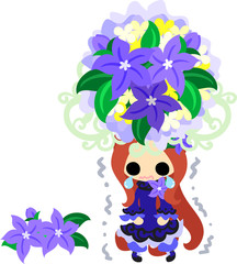 A cute little girl in sad and the big crown of purple flower
