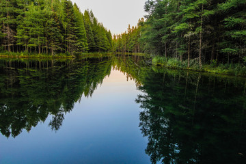 Wilderness Forest River Reflections. River flows through the wilderness of Michigan's Upper Peninsula forest. The river flows from Kitch iti kipi spring into Indian Lake. Palms Book State Park.
