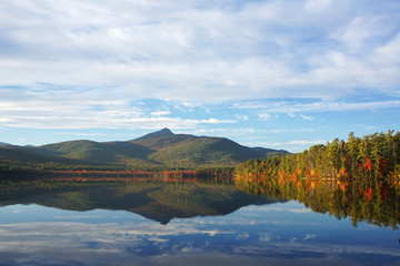 autumn lake, mountain forest and reflection